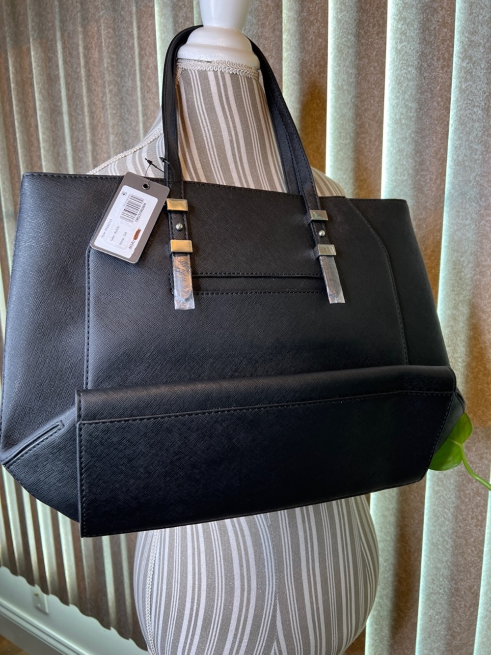 Guess Black Perforated Tote with silver-tone Logo, inside zipper pocket - Picture 3 of 7